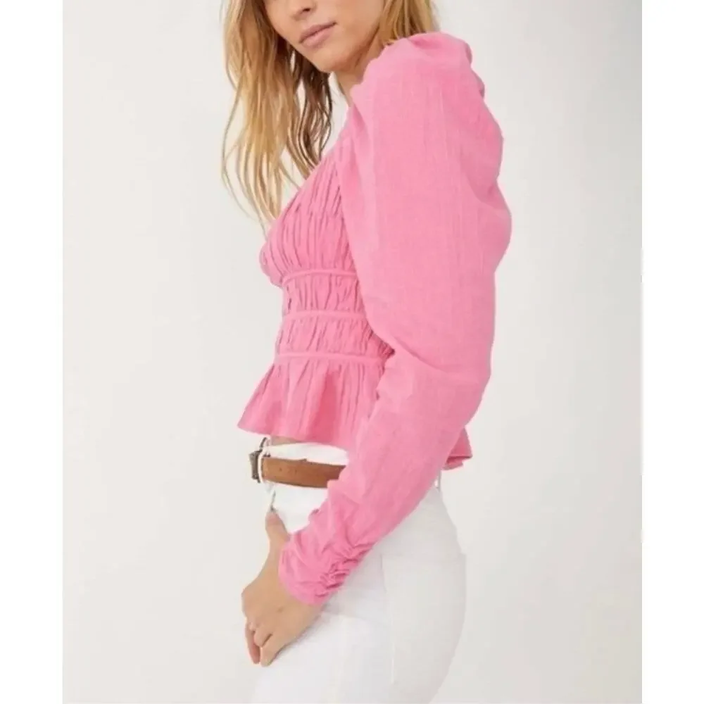 Free People Chloe Aurora Pink Smocked Peplum Sweetheart Bohemian Cropped Top